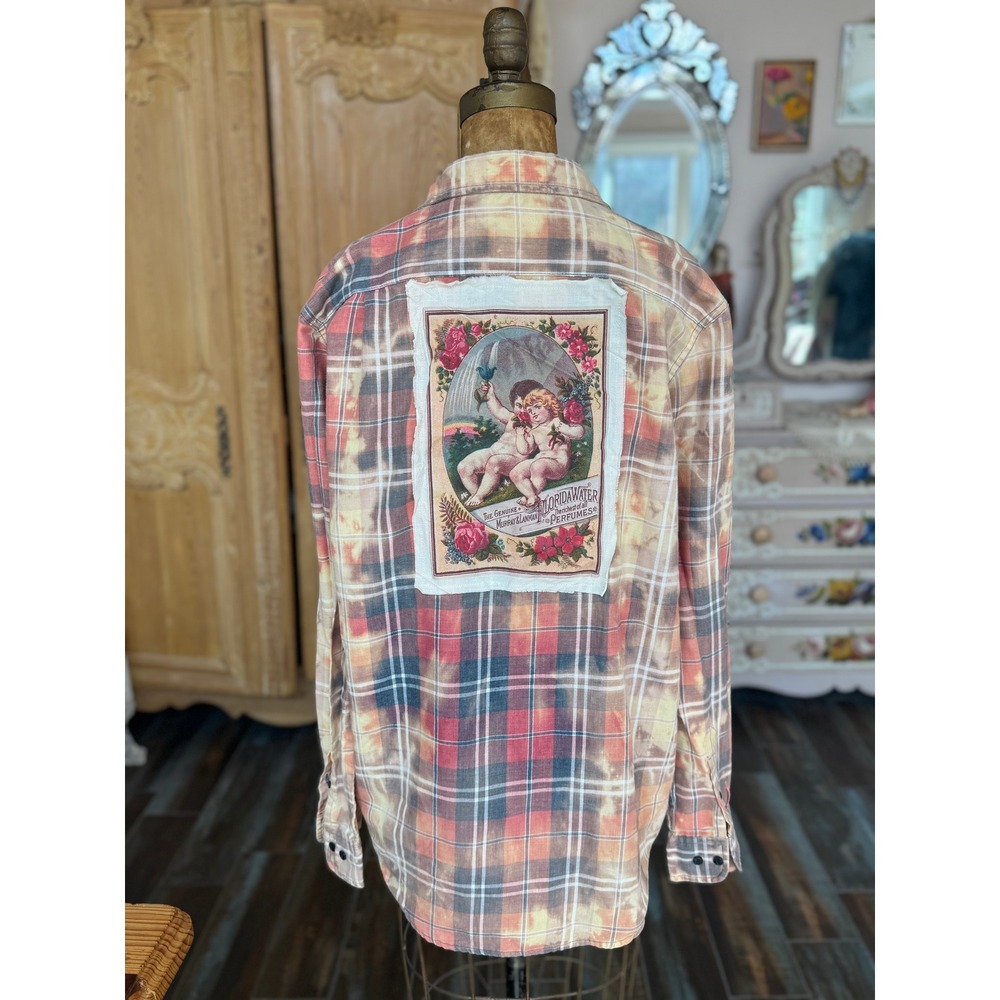 Upcycled Flannel L Cherub Floral Patch‎ Folk Art Shirt One of One - Picture 7 of 7
